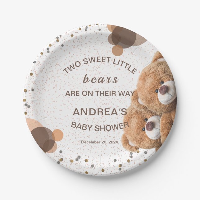 Adorable Twin Bears Baby Shower Paper Plates (Front)