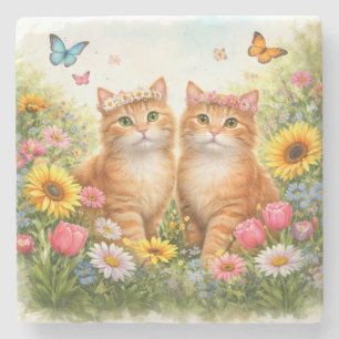 Adorable Twin Orange Tabby Cats with Flower Crowns Stone Coaster
