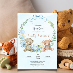 Adorable twins teddy bear floral baby shower invitation