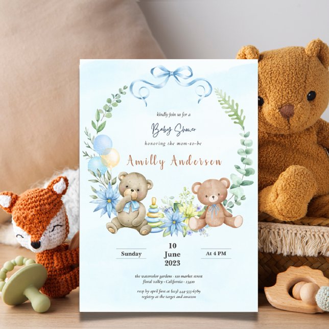Adorable twins teddy bear floral baby shower invitation (Creator Uploaded)