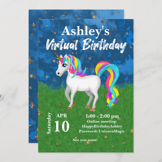 Adorable Unicorn Bright Colours Virtual Birthday Invitation (Front/Back)