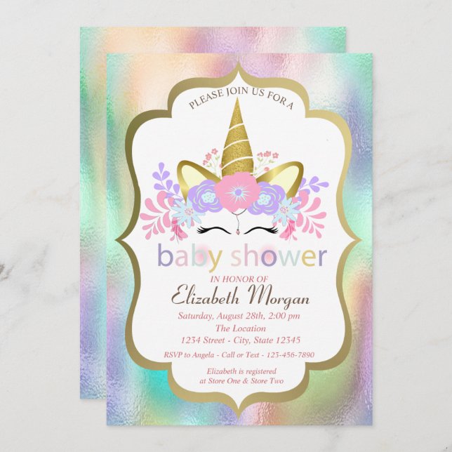 Adorable Unicorn,Floral,Holographic Baby Shower Invitation (Front/Back)