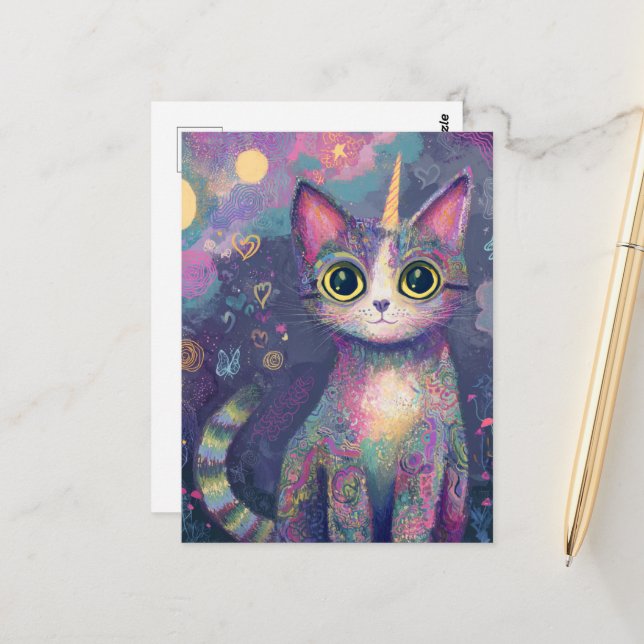 Adorable Unicorn Kitty Fantasy Art Postcard (Front/Back In Situ)