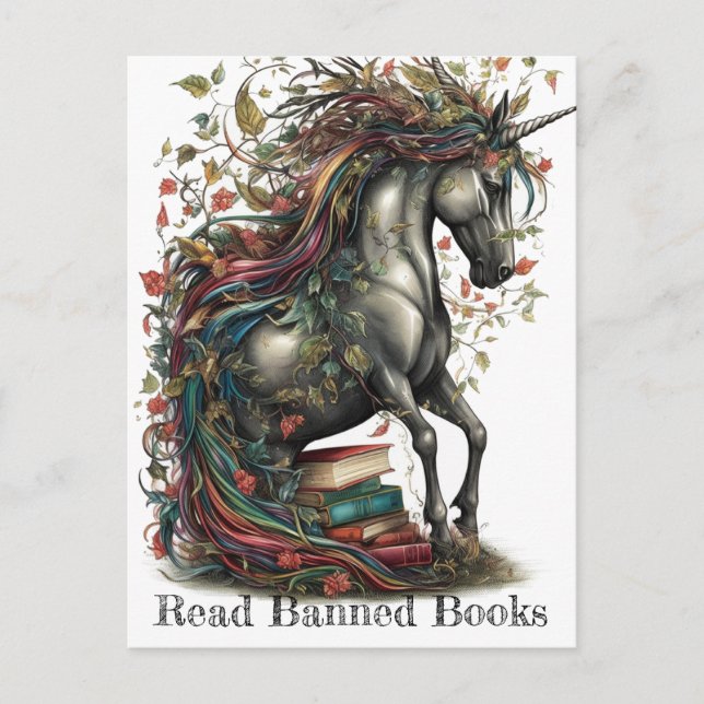 Adorable Unicorn Read Banned Books Postcard (Front)