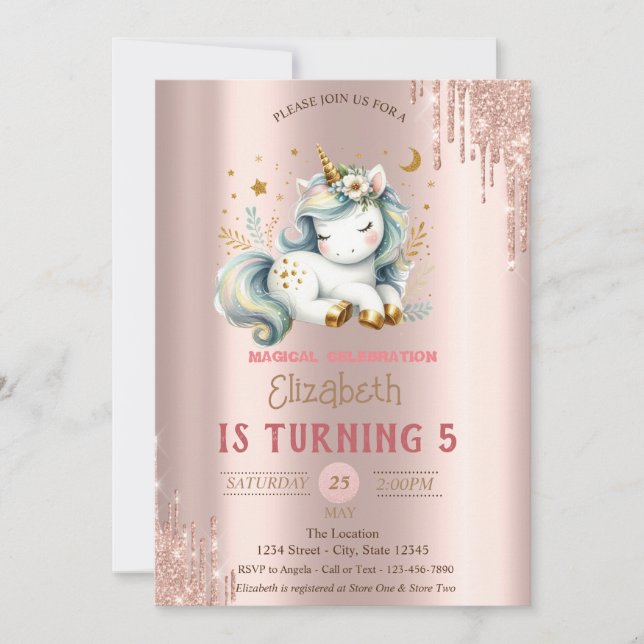 Adorable Unicorn,Rose Gold Drips Birthday Invitation (Front)