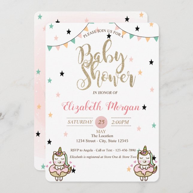 Adorable Unicorn, Stars Baby Shower Invitation (Front/Back)
