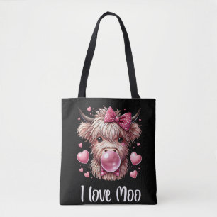 Adorable Valentine Highland Cow (white text) Tote Bag