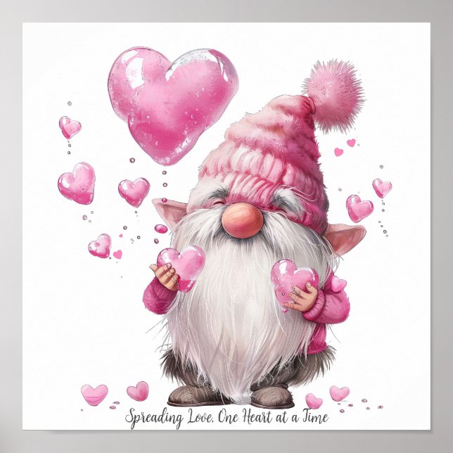 Adorable Valentine’s Gnome with Pink Hearts Poster (Front)