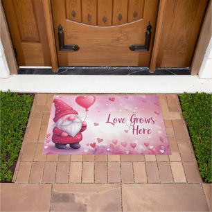 Adorable Valentine's Day Gnome with Heart Balloon Doormat