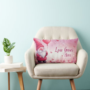 Adorable Valentine's Day Gnome with Heart Balloon Lumbar Cushion