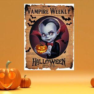 Adorable Vampire Vintage Style Halloween Newspaper Poster