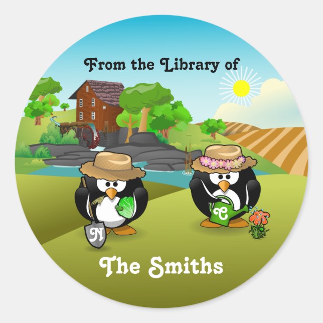 Adorable Vegetable Farmer Gardener Penguin Couple Classic Round Sticker (Front)