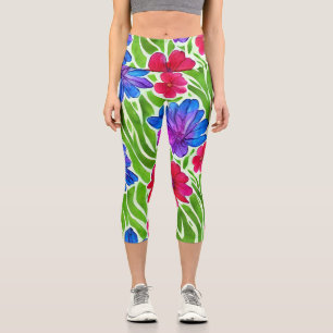 Adorable vibrant summer floral Green Pink Capri Leggings