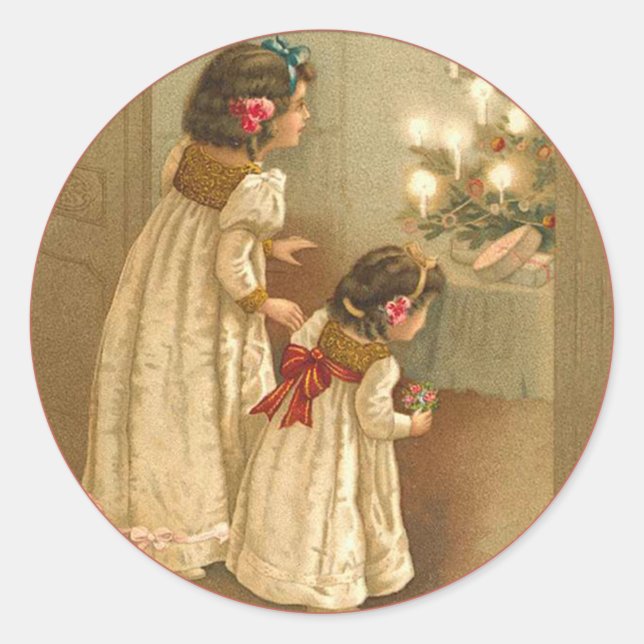 Adorable Victorian Illustration of Two Girls Classic Round Sticker (Front)
