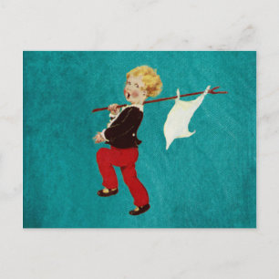 Adorable vintage child with white flag on stick postcard