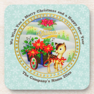 Adorable Vintage Christmas Reindeer & Flower Cart Coaster