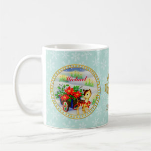 Adorable Vintage Christmas Reindeer & Flower Cart Coffee Mug