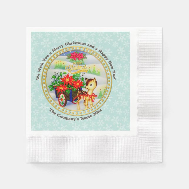 Adorable Vintage Christmas Reindeer & Flower Cart Napkin (Front)