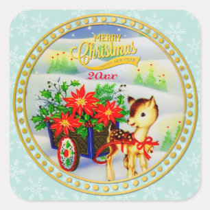 Adorable Vintage Christmas Reindeer & Flower Cart Square Sticker