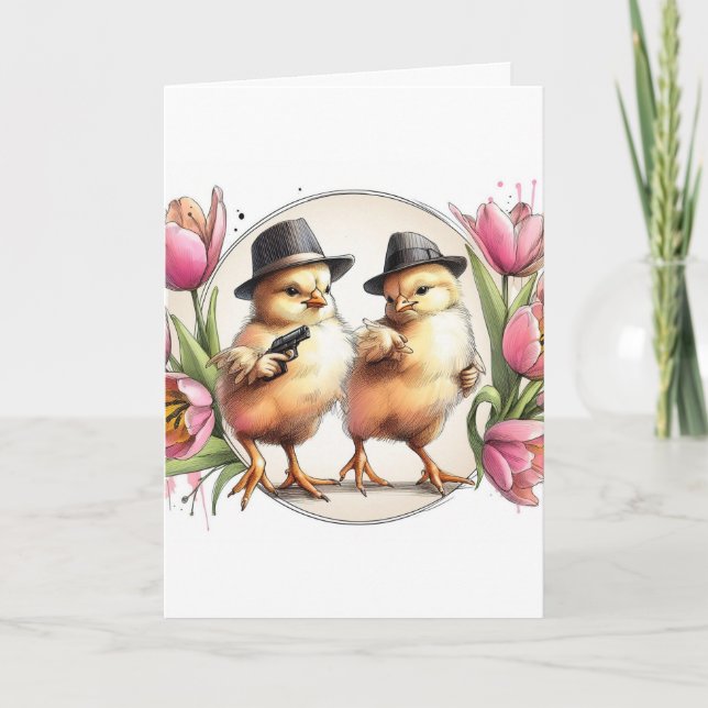 Adorable Vintage Easter Gangster Chicks Holiday Card (Front)