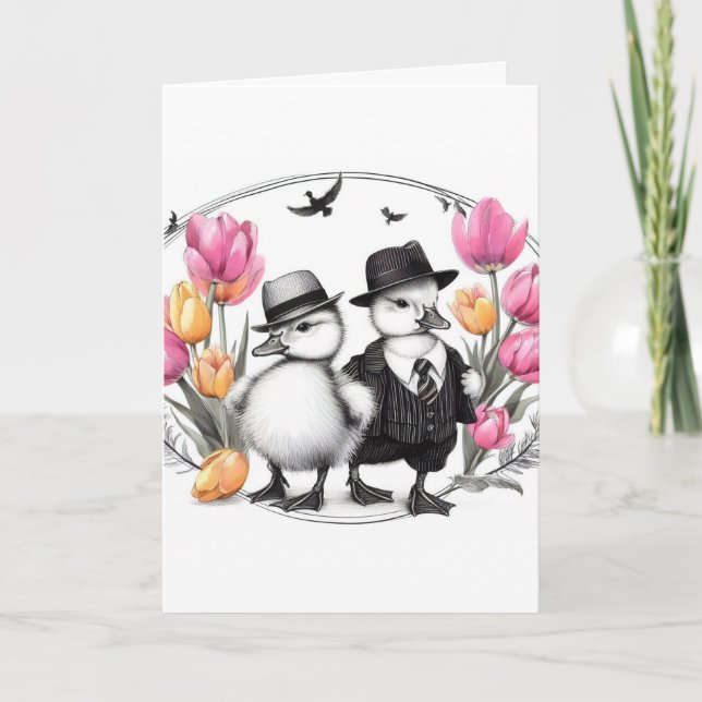 Adorable Vintage Easter Gangster Ducklings Holiday Card (Front)