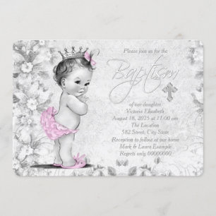 Adorable Vintage Pink and Grey Baptism Invitation