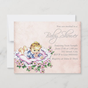 Adorable Vintage Pink and Peach Baby Girl Shower Invitation