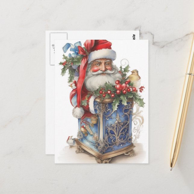 Adorable Vintage Santa and Blue Box Postcard (Front/Back In Situ)