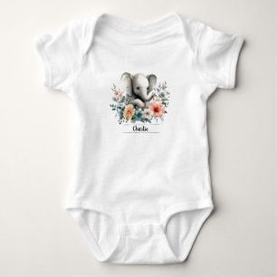 Adorable Watercolor Baby Elephant with Custom Name Bodysuit