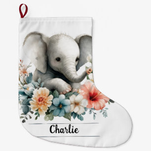 Adorable Watercolor Baby Elephant with Custom Name Large Christmas Stocking