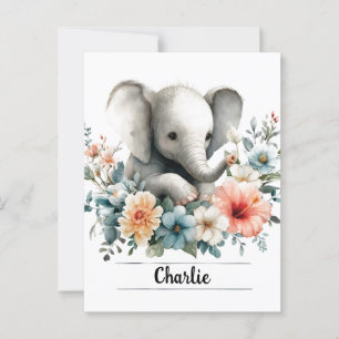 Adorable Watercolor Baby Elephant with Custom Name Postcard