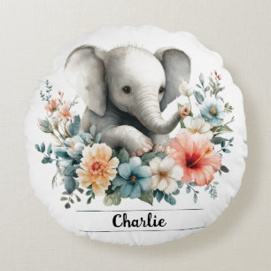 Adorable Watercolor Baby Elephant with Custom Name Round Cushion