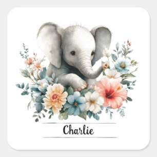 Adorable Watercolor Baby Elephant with Custom Name Square Sticker