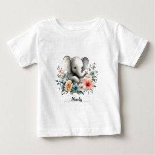 Adorable Watercolor Baby Elephant with Custom Name T-Shirt