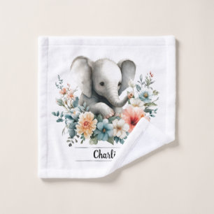 Adorable Watercolor Baby Elephant with Custom Name Wash Cloth