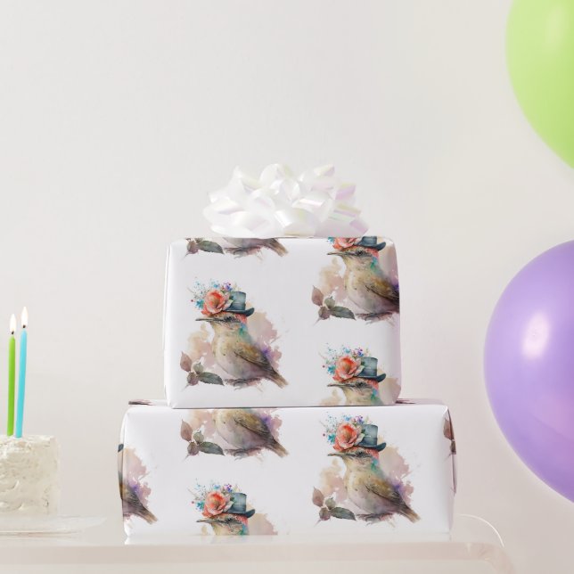 Adorable Watercolor Bird in a Hat Wrapping Paper (Party Gifts)