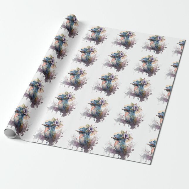 Adorable Watercolor Bird Wrapping Paper (Unrolled)