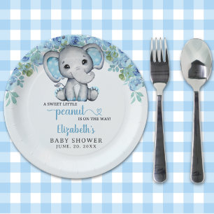 Adorable Watercolor Blue Elephant Baby shower Boy Paper Plate