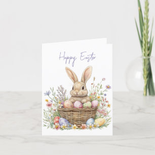 Adorable Watercolor Bunny and Easter Egg Floral Holiday Card