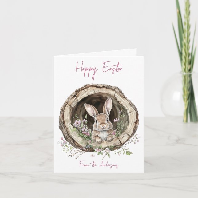 Adorable Watercolor Bunny and Spring Flowers Holiday Card (Front)