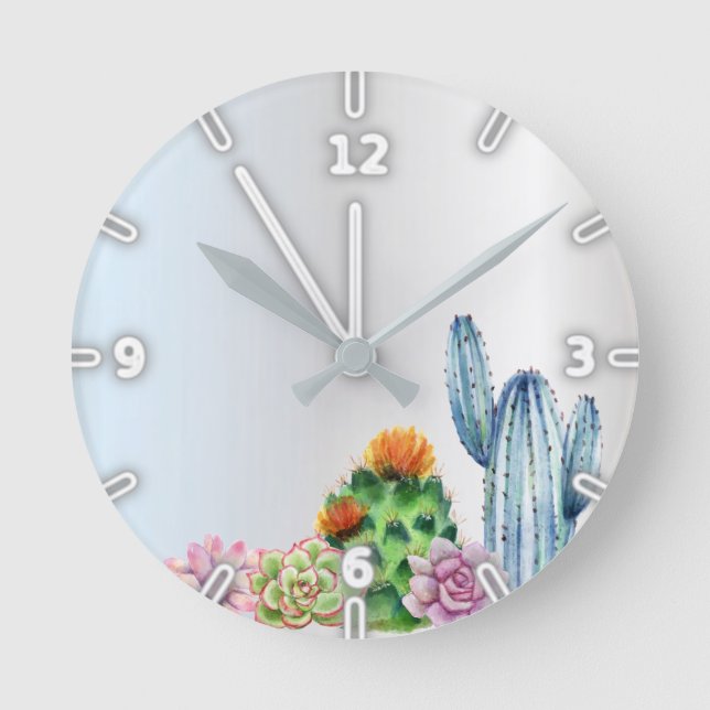 Adorable Watercolor Cactus,Succulent Silver  Round Clock (Front)