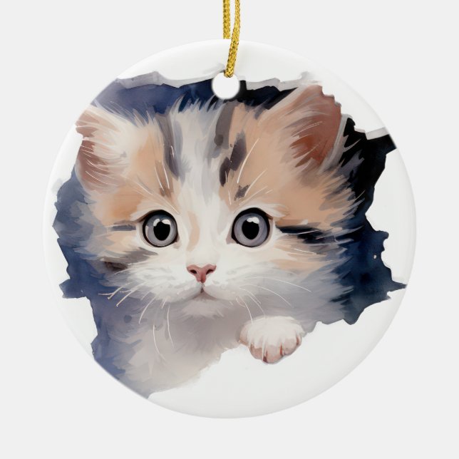 ADORABLE WATERCOLOR CALICO KITTEN FACE CERAMIC ORNAMENT (Front)