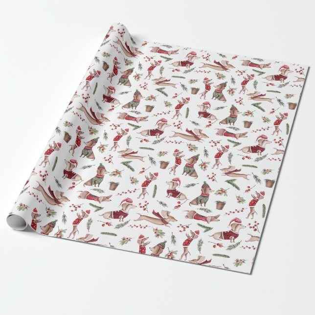 Adorable Watercolor Christmas Dachshund Pattern Wrapping Paper (Unrolled)