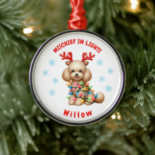 Adorable Watercolor Christmas Poodle Snowflakes Metal Ornament