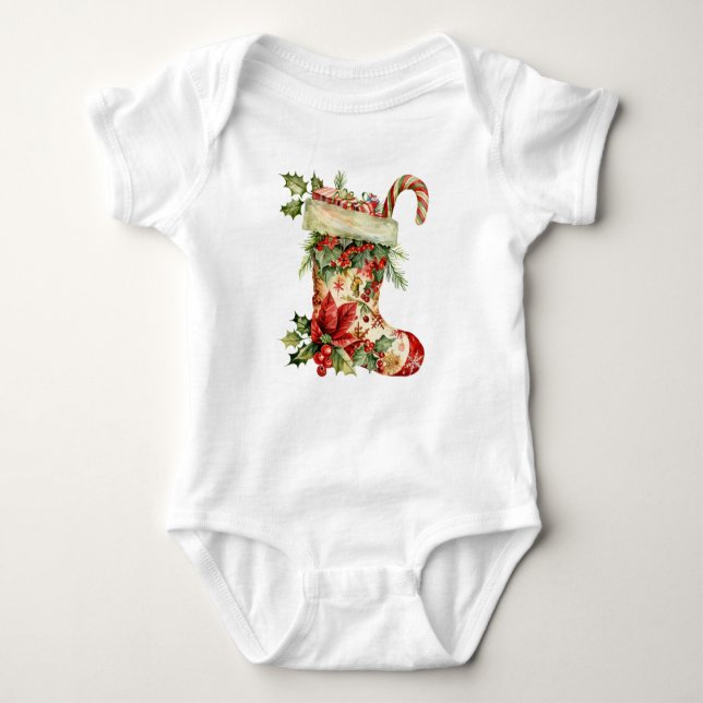 Adorable Watercolor Christmas Stocking Design Baby Bodysuit (Front)
