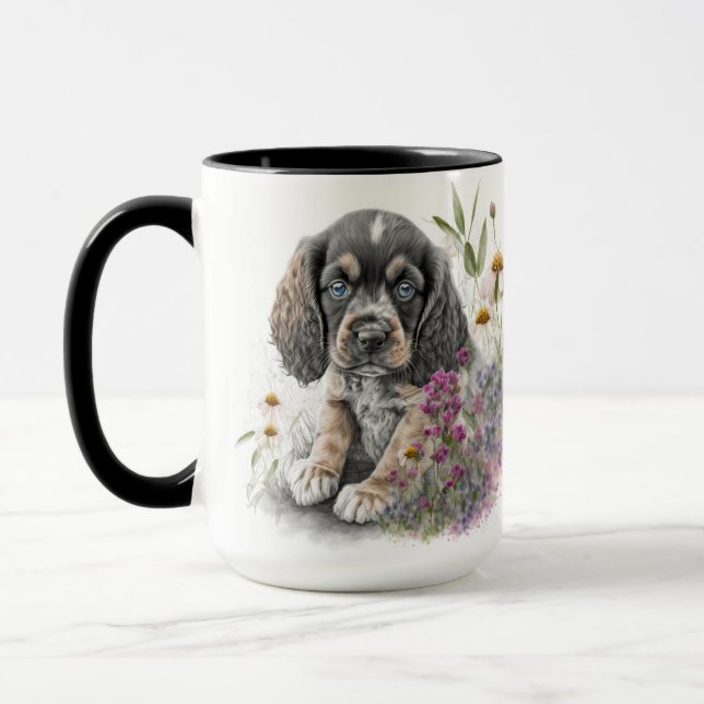 ADORABLE WATERCOLOR COCKER SPANIEL PUPPY DOG MUG (Left)