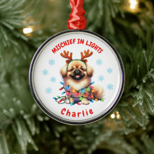 Adorable Watercolor Cute Pekingese Snowflakes Dog Metal Ornament