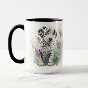 ADORABLE WATERCOLOR DALMATIAN PUPPY DOG FLOWERS MUG
