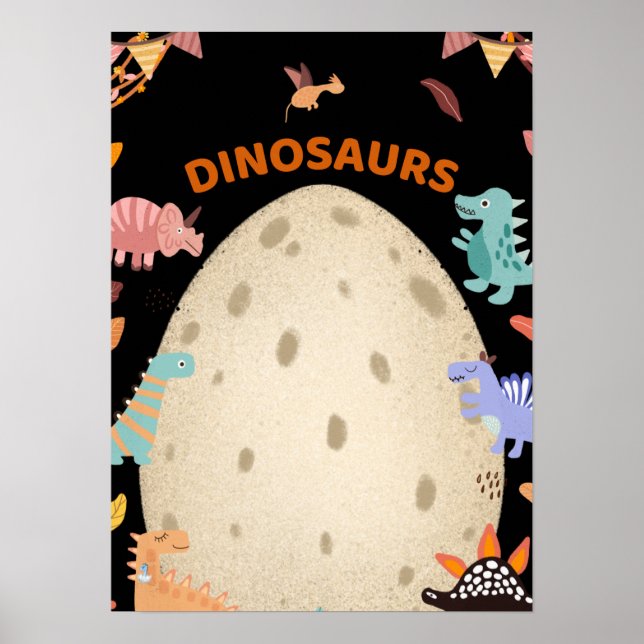 Adorable Watercolor Dinosaurs with Large Dino Egg  Poster (Front)