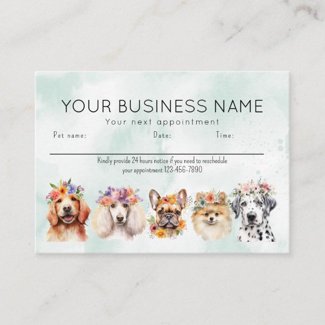 Adorable Watercolor Dogs Flowers, Green Appointment Card (Front)